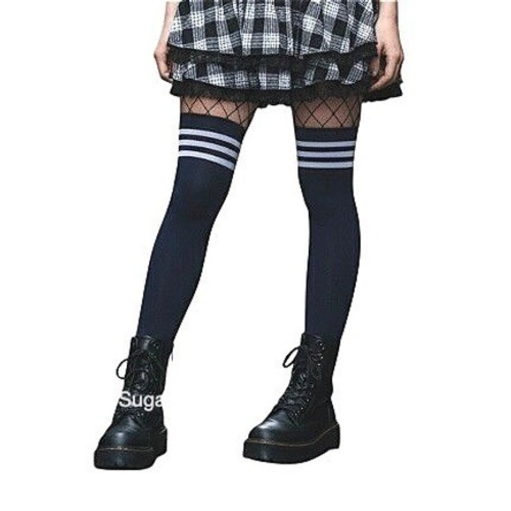 Black with White Stripes Thick Over the Knee Thigh High Socks ONE SIZE Punk NEW